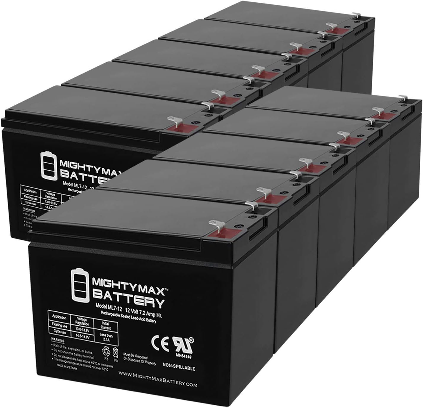 Mighty Max Battery ML7-12 - 12 Volt 7.2 AH SLA Battery - Pack of 10