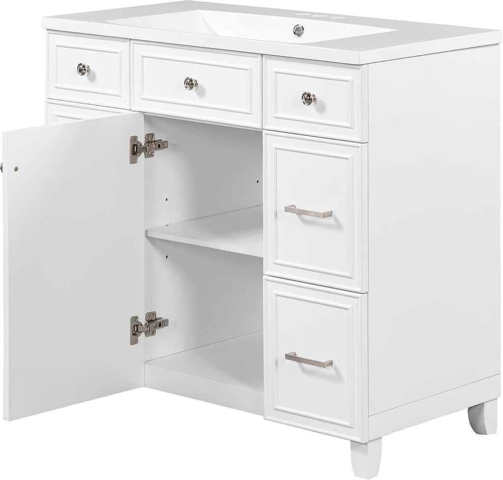 LUMISOL 36' Bathroom Vanity with Sink Top, Modern Bathroom Vanity with 3 Drawers & Cabinet, Solid Wood Bathroom Cabinet with Undermount Basin, White