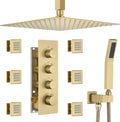 Brushed Gold Thermostatic Shower System with 6 Body Jets & 16-Inch Ceiling Rainfall Shower Head Luxury Full Body Shower Faucet with Handheld Sprayer, Shower Fixtures Set with Valve and Trim
