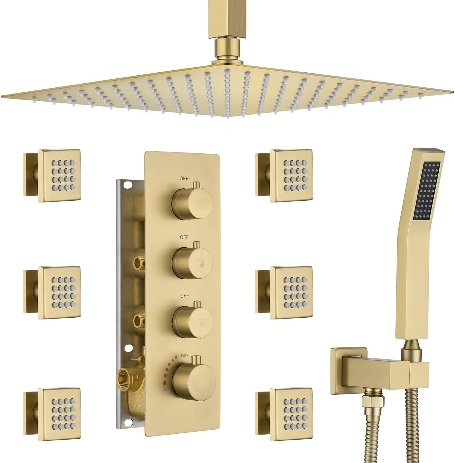 Brushed Gold Thermostatic Shower System with 6 Body Jets & 16-Inch Ceiling Rainfall Shower Head Luxury Full Body Shower Faucet with Handheld Sprayer, Shower Fixtures Set with Valve and Trim