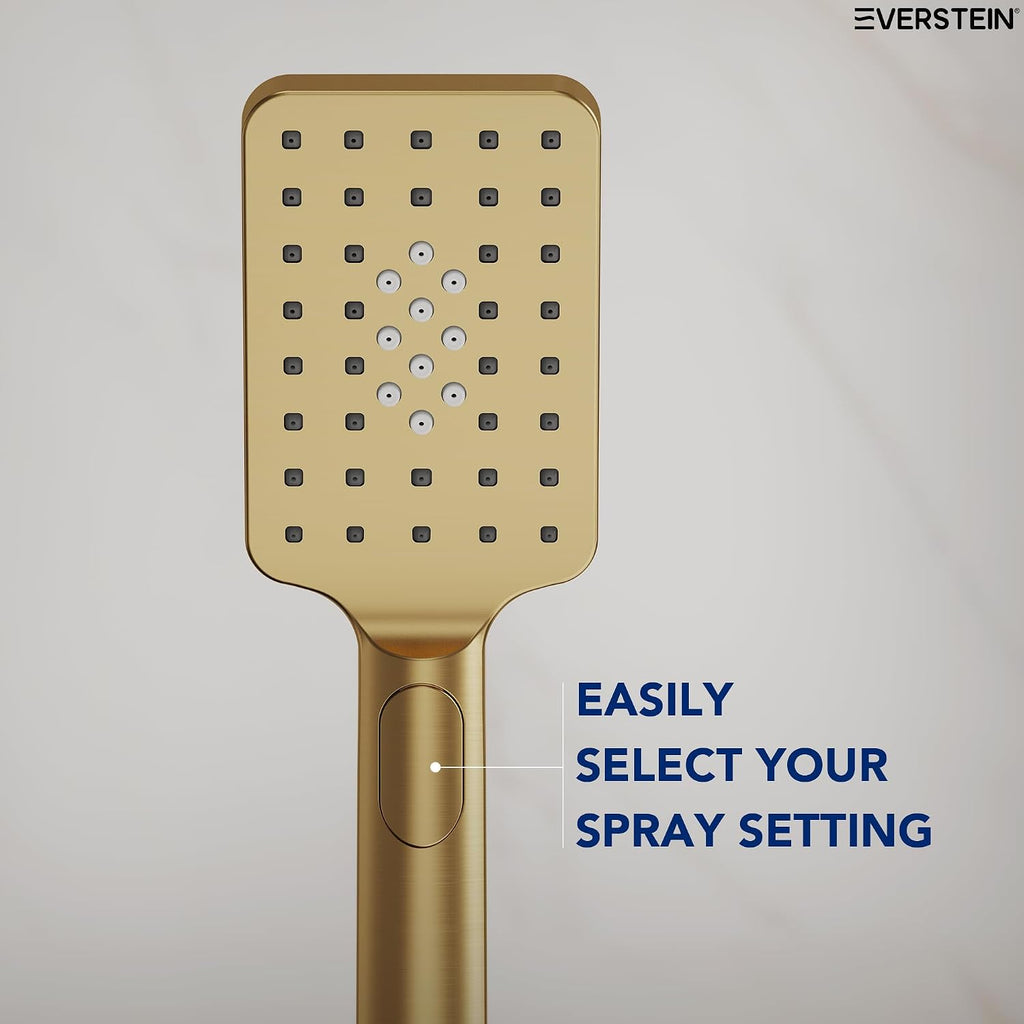 EVESTEIN Adjustable Hand Held Shower with Slide Bar, 3-Function Handshower Head with Hose, Brushed Gold