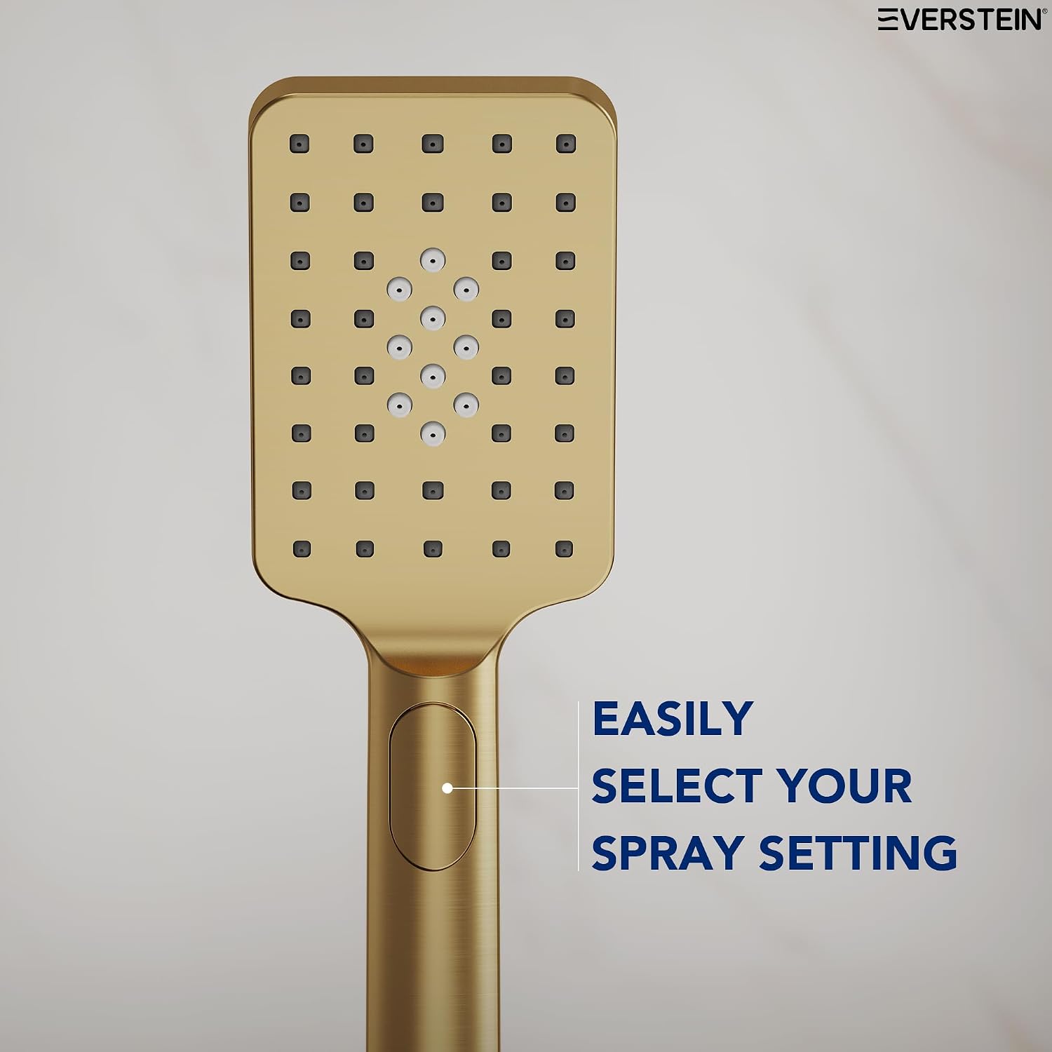 EVESTEIN Adjustable Hand Held Shower with Slide Bar, 3-Function Handshower Head with Hose, Brushed Gold