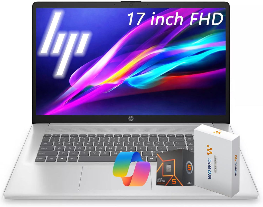 HP 17.3' FHD IPS Business Laptop, AMD Ryzen 5 7430U(6-Core), 16GB RAM, 1TB Storage(512GB+500GB External Drive), Numeric Keypad, Fast Charge, Windows 11, WOWPC USB, no Mouse