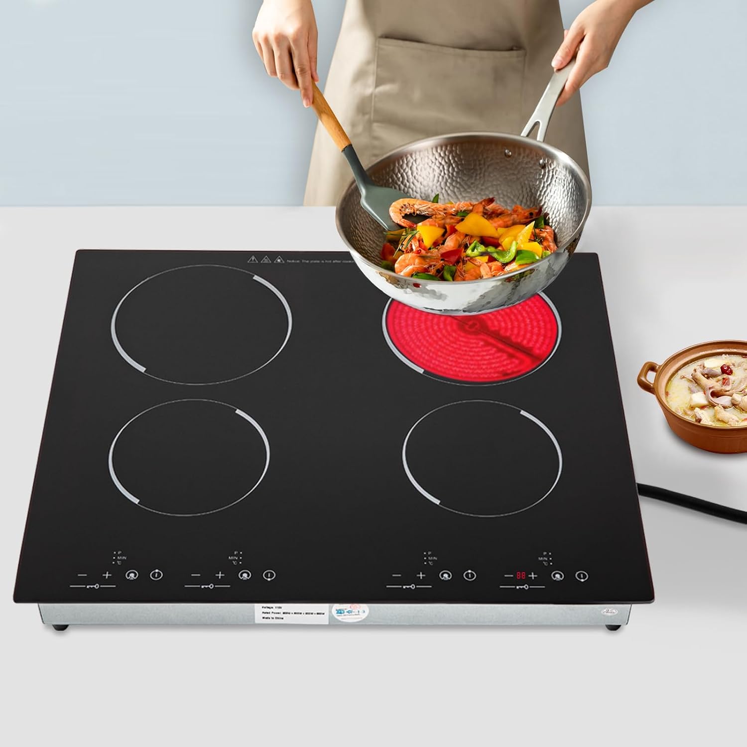 3000W 4 Burners Electric Ceramic Induction Cooktop Built-in Cooktop Electric Stove Top with 4 Electric Burners, 9 Heating Level, Safety Lock, Sensor Touch Control (900W+600W+900W+600W)