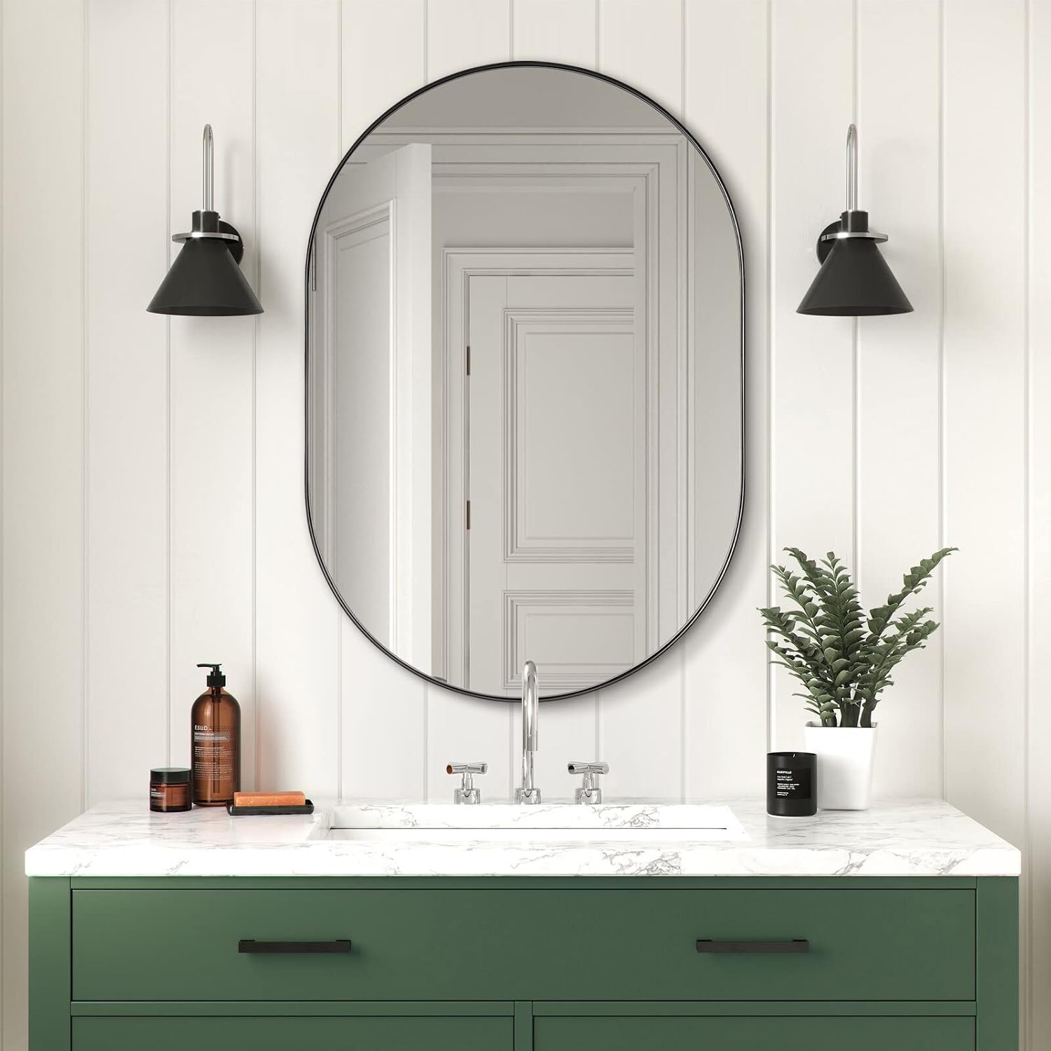 ANDY STAR Black Mirror Vanity, 24x36'' Oval Mirrors for Bathroom, Black Oval Mirror, Pill Shaped Mirror, Vanity Mirrors Stainless Steel Metal Frame Wall-Mounted Ideal for Bathroom