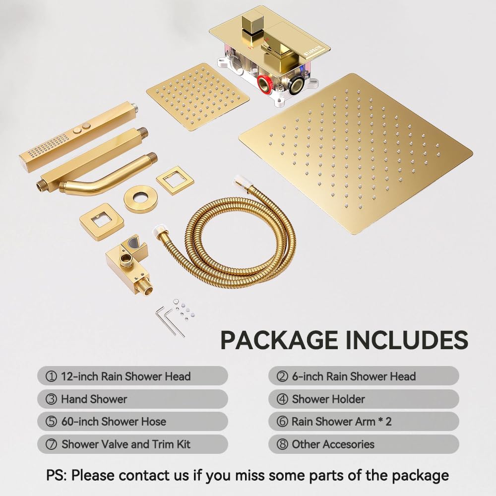 Shower System Shower Faucet Set, STARBATH 6'+12' Ceiling Mount Dual Rain Shower Head Set with 2 in 1 Handheld Spray,Rainfall Shower System with Diverter Valve and Trim Kit Complete,Brushed Gold