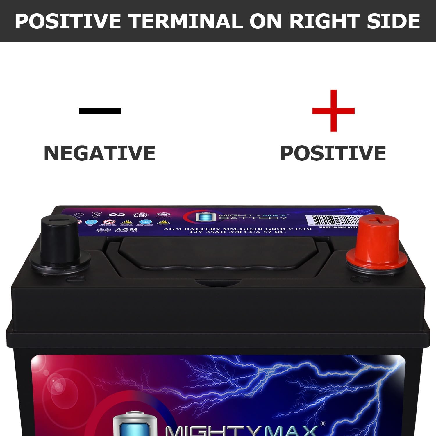 Mighty Max Battery MM-G151R Start and Stop Car BCI Group Size 151R 12V 35Ah, 57RC, 370 CCA Rechargeable AGM Car Battery