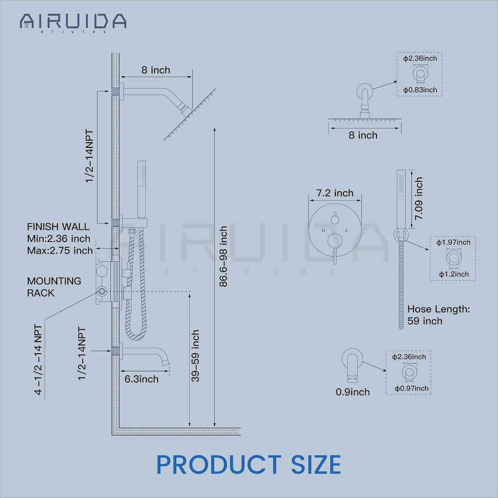 Airuida 3-Function Rain Shower System Set – Wall Mount Tub Shower Combo with Handheld Shower and Tub Spout,8 Inch Shower Head,Polished Chrome