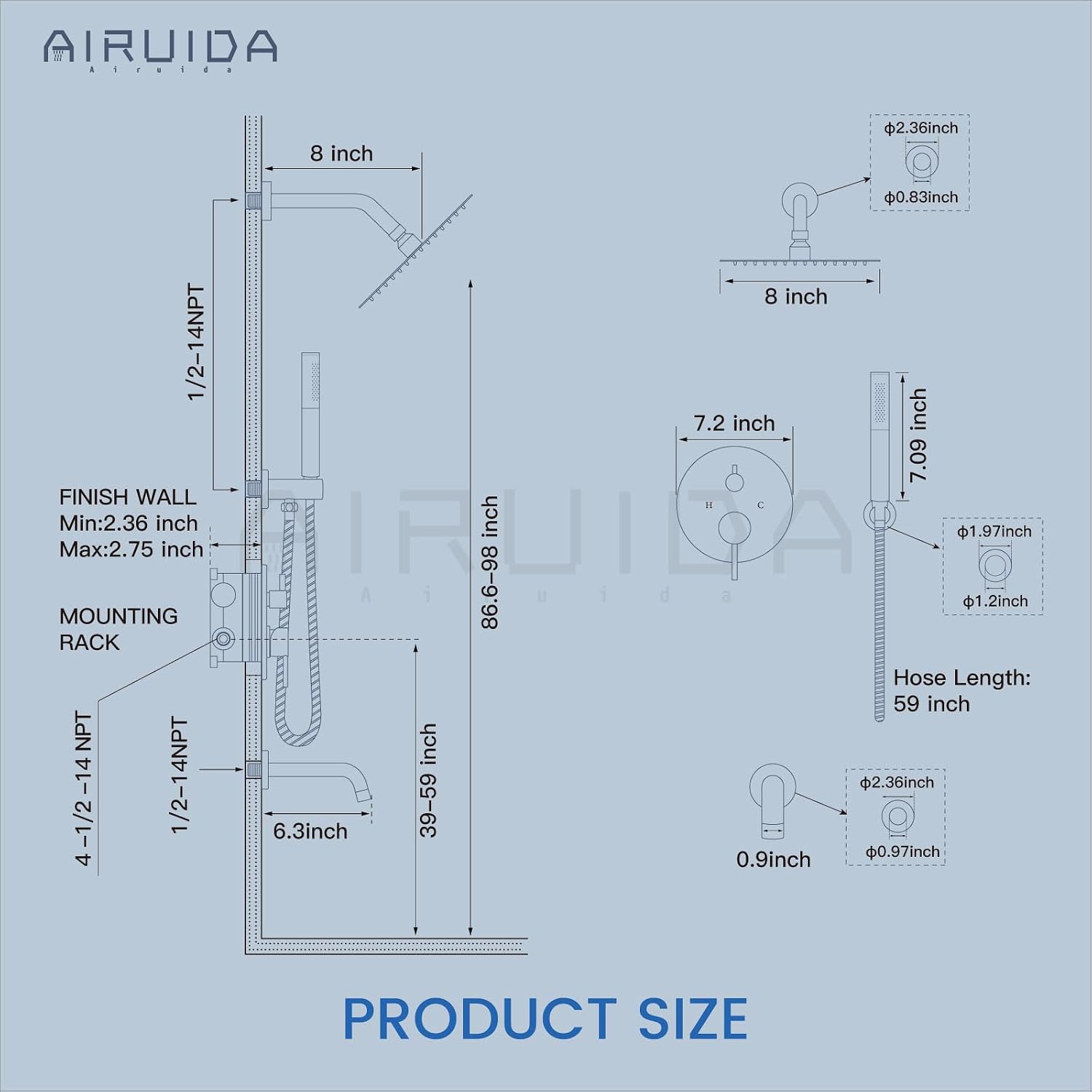 Airuida 3-Function Rain Shower System Set – Wall Mount Tub Shower Combo with Handheld Shower and Tub Spout,8 Inch Shower Head,Polished Chrome