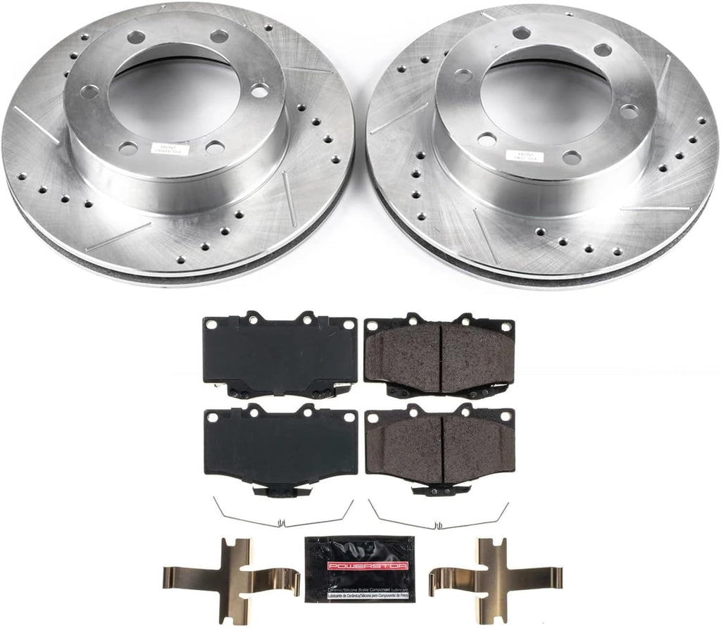 PowerStop Front Brake Kit for Toyota 4Runner 1995-02 | Toyota Tacoma 1995-04 - Drilled and Slotted Disc Rotors with Carbon-Fiber Ceramic Brake Pads Replacement, K1233