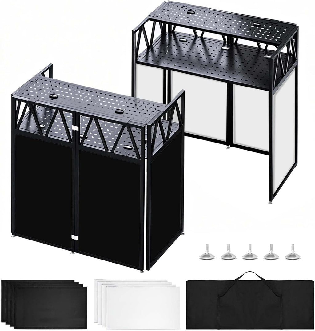 Portable DJ Booth Facade Stand, Foldable DJ Table 40' x 20' x 45' Tabletop, DJ Facade Station for DJ Controller, Mixer & LaptopEvents&Parties – Includes Carry Bag&Two Metal Corner Tables.