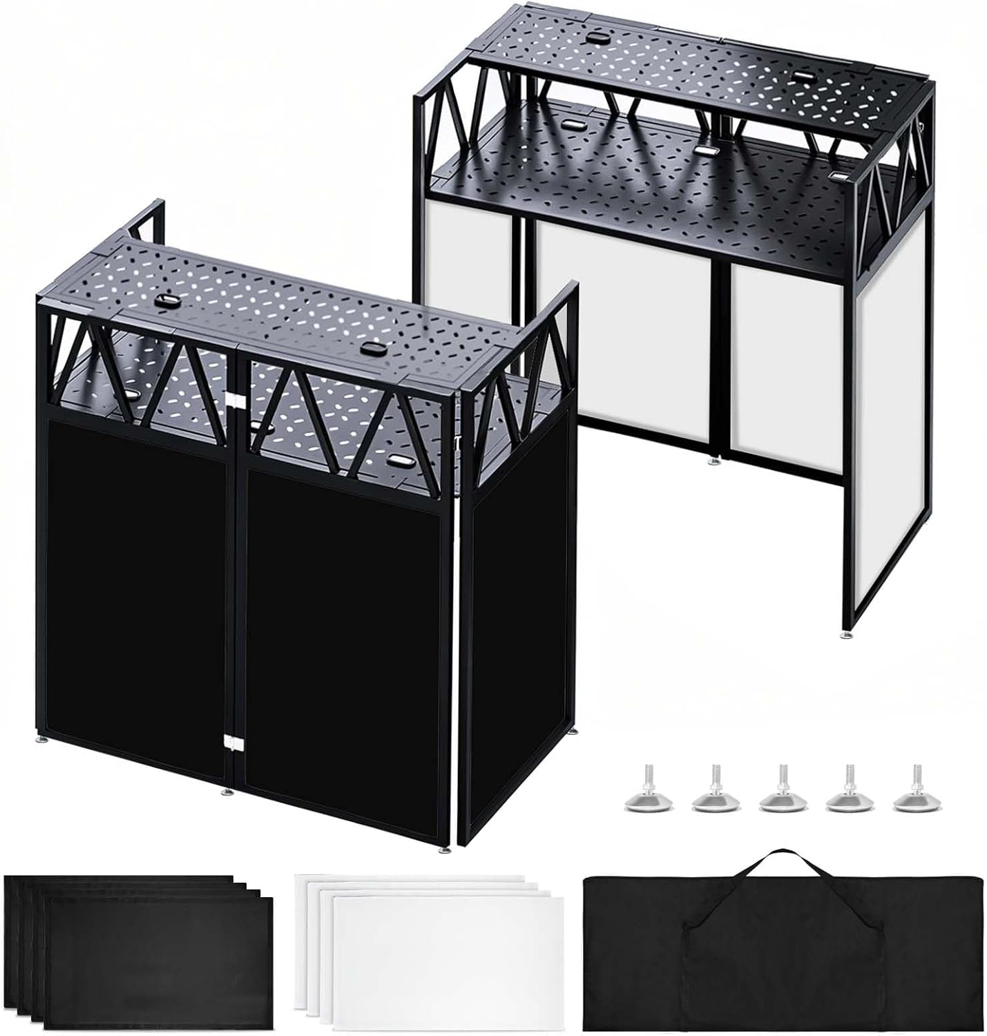 Portable DJ Booth Facade Stand, Foldable DJ Table 40' x 20' x 45' Tabletop, DJ Facade Station for DJ Controller, Mixer & LaptopEvents&Parties – Includes Carry Bag&Two Metal Corner Tables.