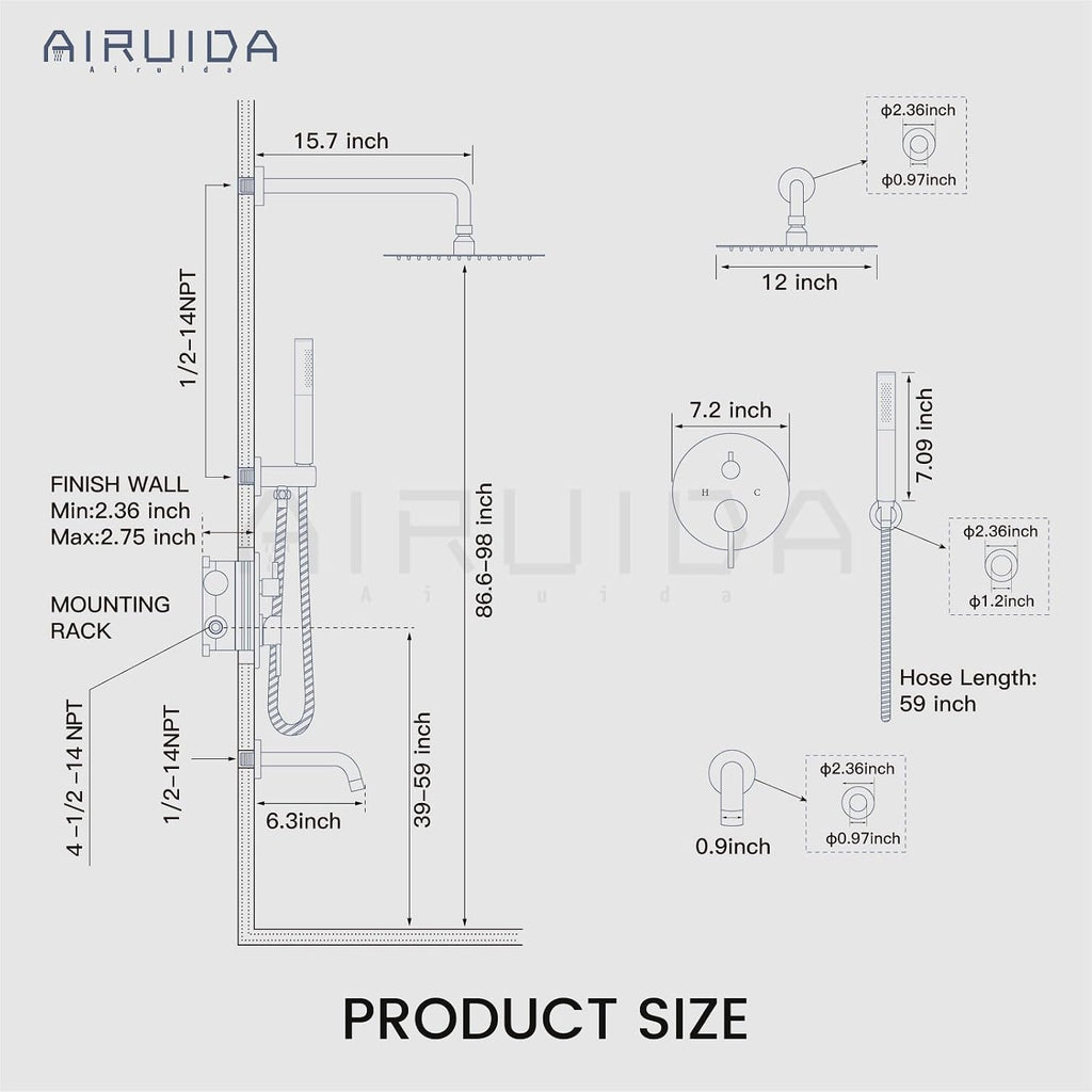 Airuida 3-Function Rain Shower System Set – Wall Mount Tub Shower Combo with Handheld Shower and Tub Spout,12 Inch Shower Head,Brushed Gold