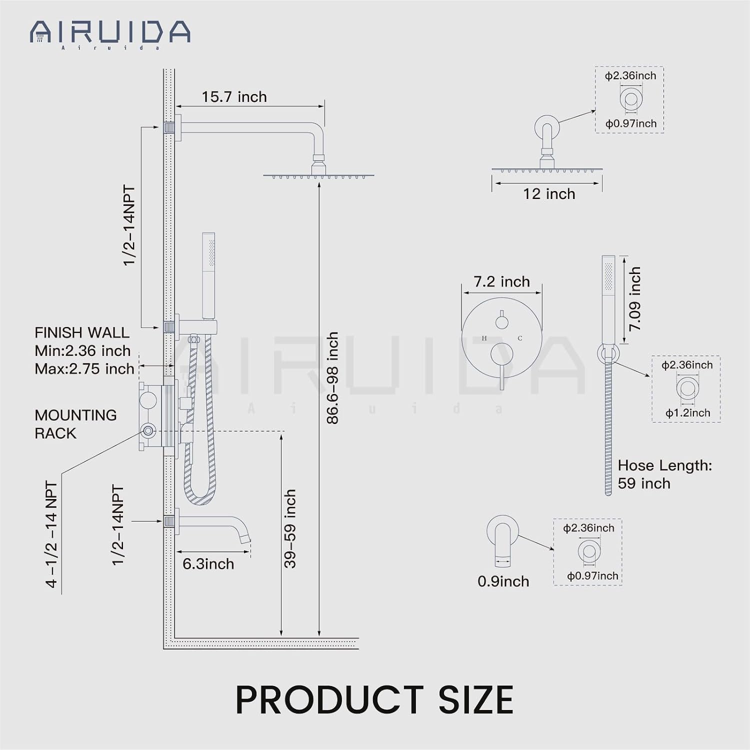 Airuida 3-Function Rain Shower System Set – Wall Mount Tub Shower Combo with Handheld Shower and Tub Spout,12 Inch Shower Head,Brushed Gold