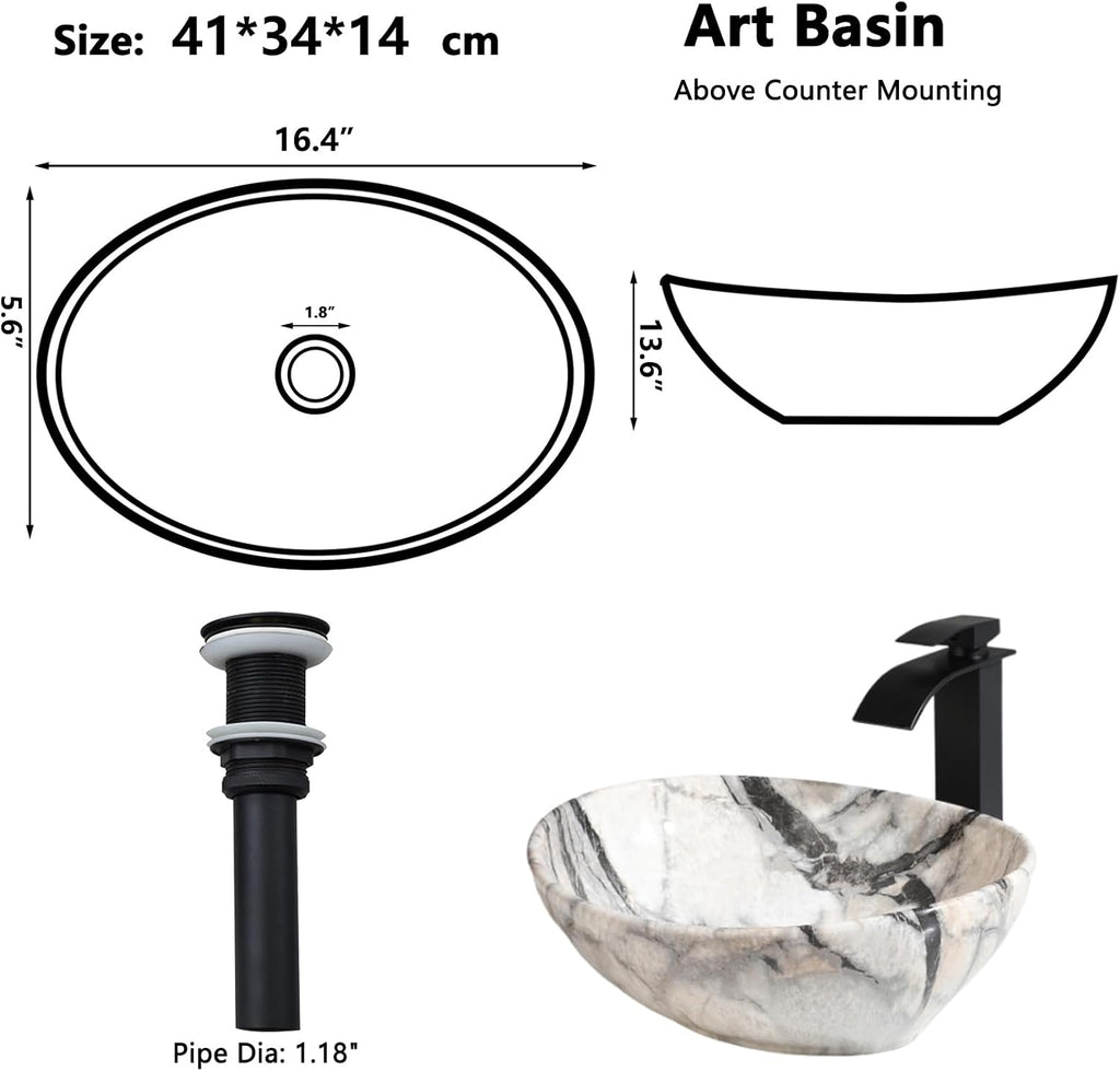 Oval Vessel Sink 16'x13' White Ceramic Bathroom Sink with Waterfall Faucet and Pop-up Drain Bowl Sink White Black Marble Bathroom Sinks Above Counter