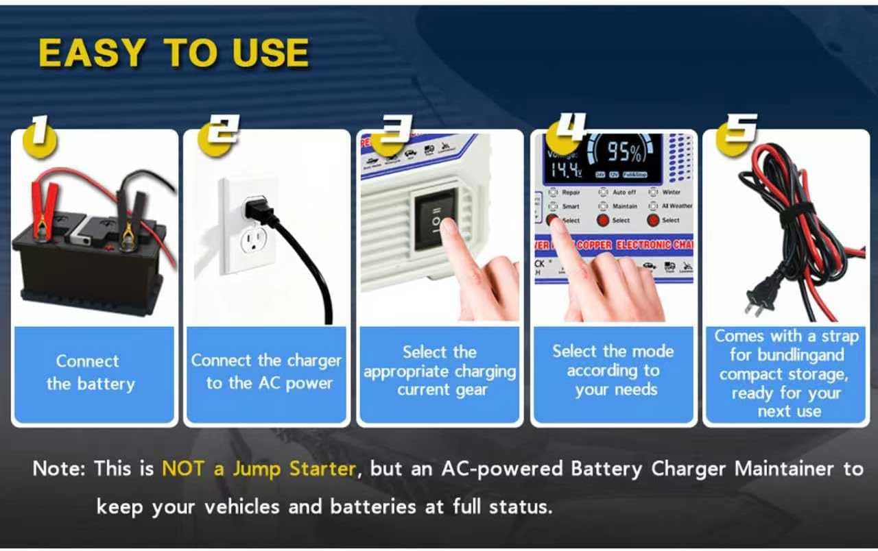 Battery Chargers Automobile 12 Volt & 24V Smart Automatic Car Battery Charger,Maintainer with Auto Shutoffs, Repair/Winter Mode,Trickle Charger for Automotive,Truck,Motorcycle,RV,AGM