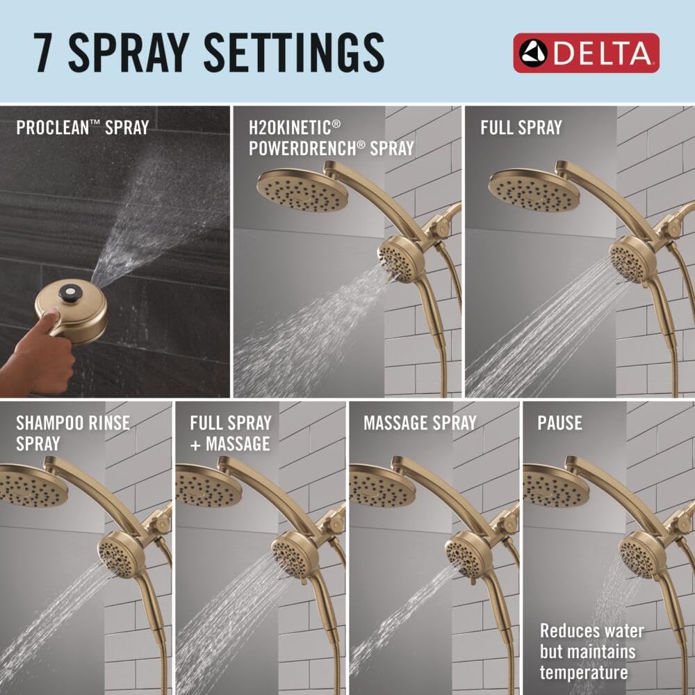 Delta 7-Setting PivotPro 3-in-1 Combination Shower Head with ProClean Spray, Brushed Gold Round Shower Head Rainfall with Handheld Spray, 2.5 GPM, Lumicoat Champagne Bronze 58600-CZ-PR25