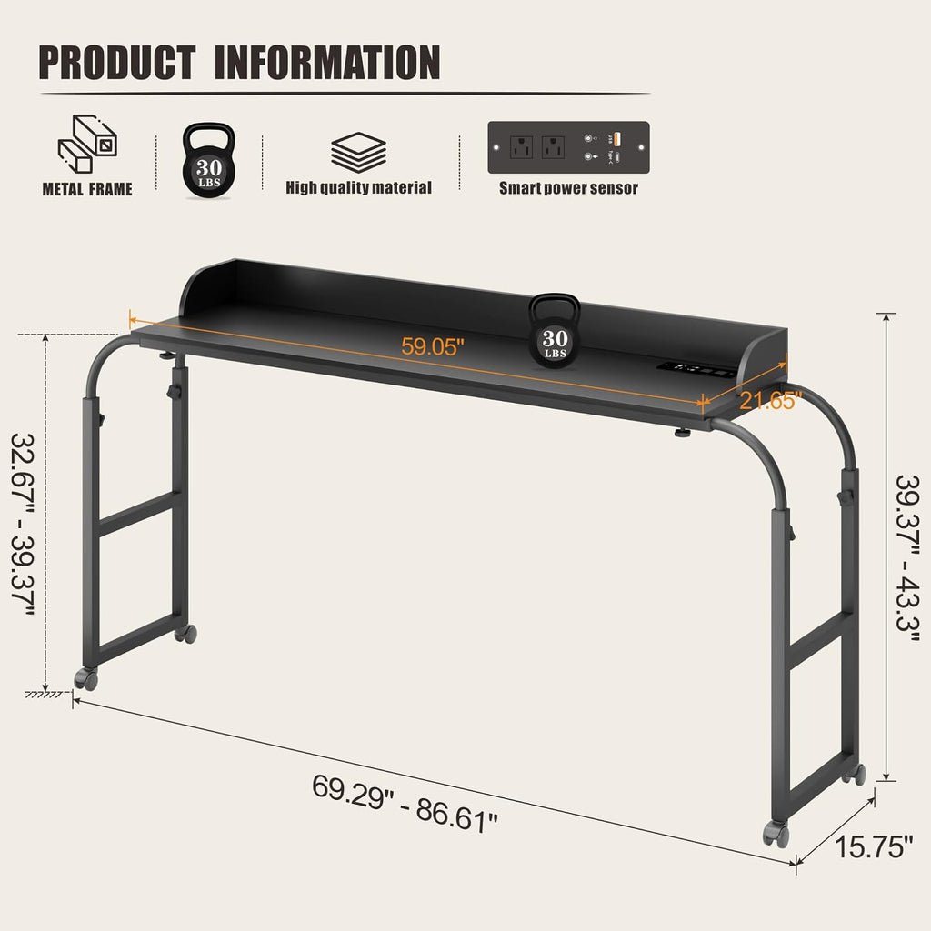 HWB Bed Table with Wheels for King Size, Over Bed Desk with Adjustable Height for Laptop, Overbed Table with Charging Station & LED Lights, Rolling Tables with AC Outlets, Black