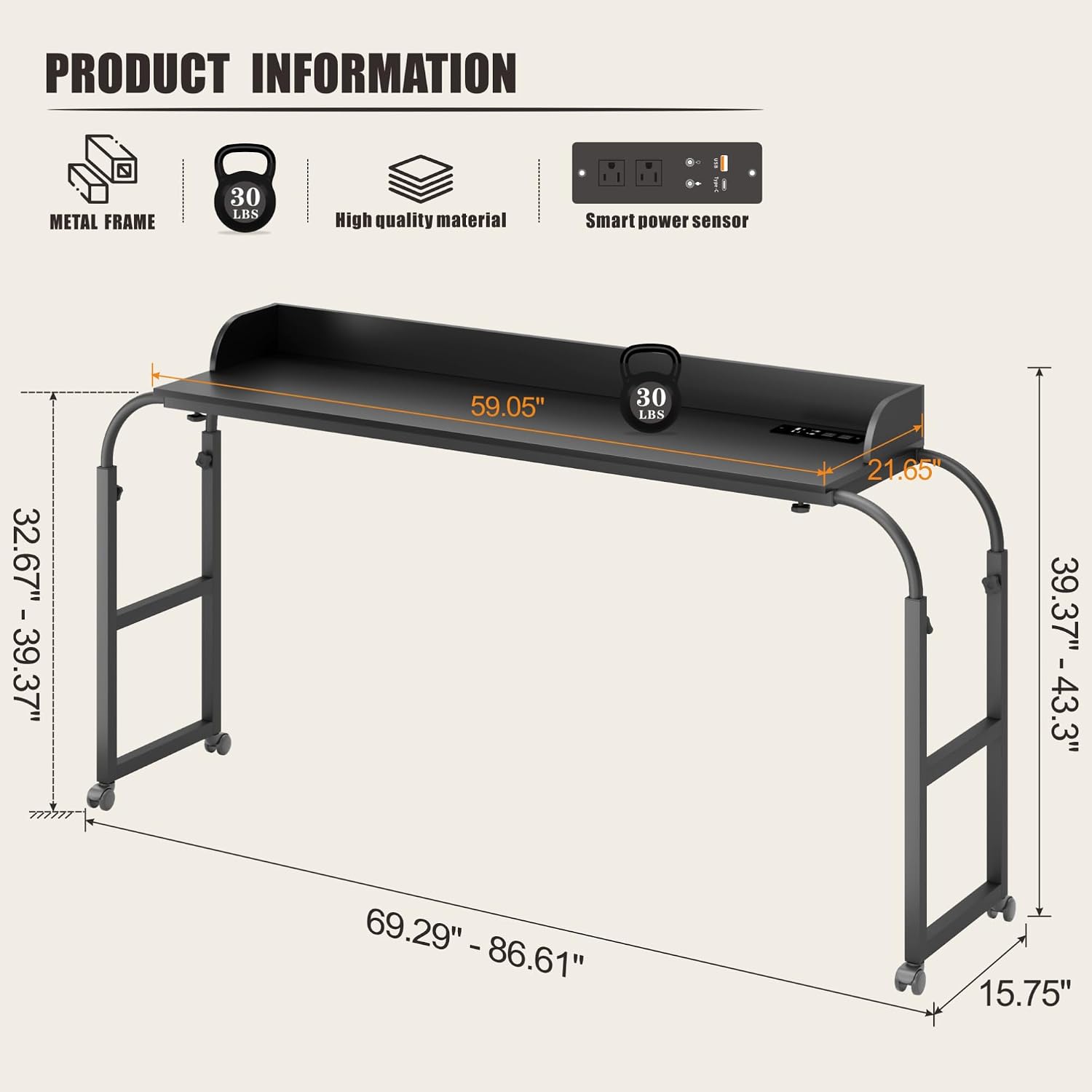 HWB Bed Table with Wheels for King Size, Over Bed Desk with Adjustable Height for Laptop, Overbed Table with Charging Station & LED Lights, Rolling Tables with AC Outlets, Black