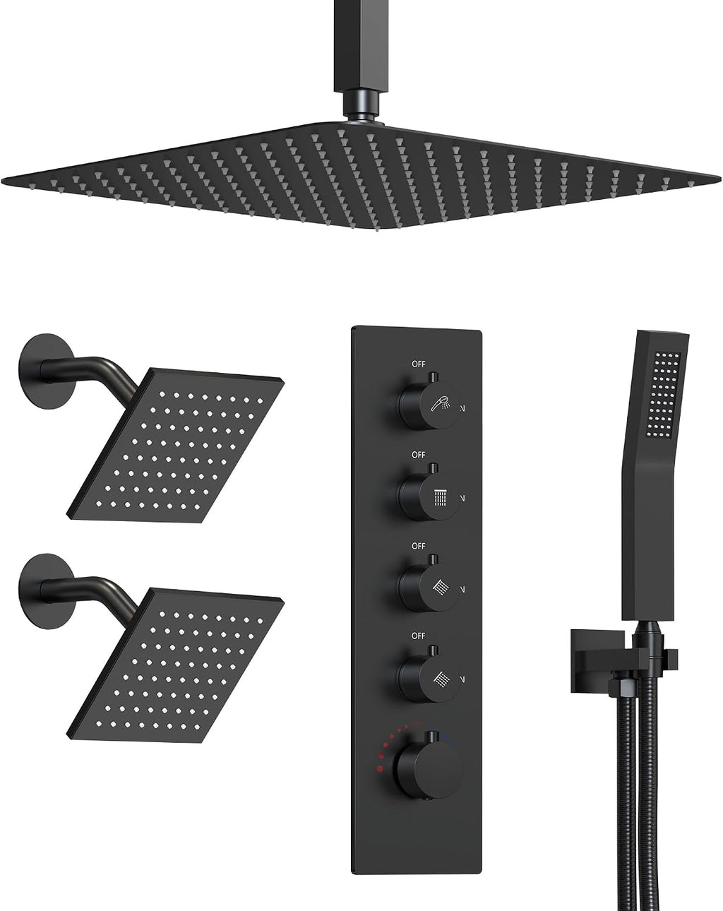 Thermostatic Shower System, 16' Ceiling Mount Rainfall shower Head with Double 6' Shower Head, Matte Black
