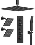 Thermostatic Shower System, 16' Ceiling Mount Rainfall shower Head with Double 6' Shower Head, Matte Black