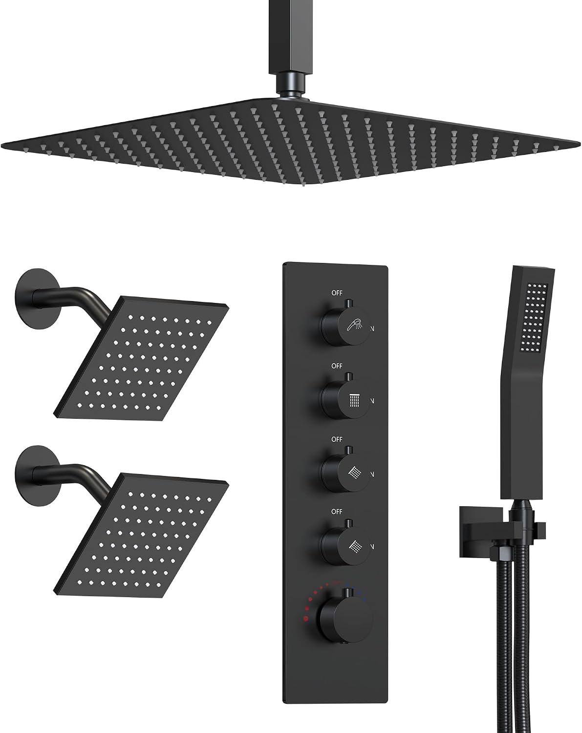 Thermostatic Shower System, 16' Ceiling Mount Rainfall shower Head with Double 6' Shower Head, Matte Black