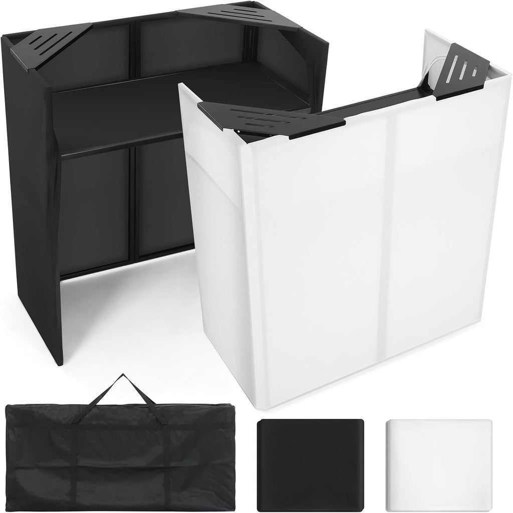 Portable DJ Facade Table Station, 44'x41'x21' DJ Event Booth Facade with Black & White Scrim, Metal Foldable Frame DJ Stand with Carrying Bag