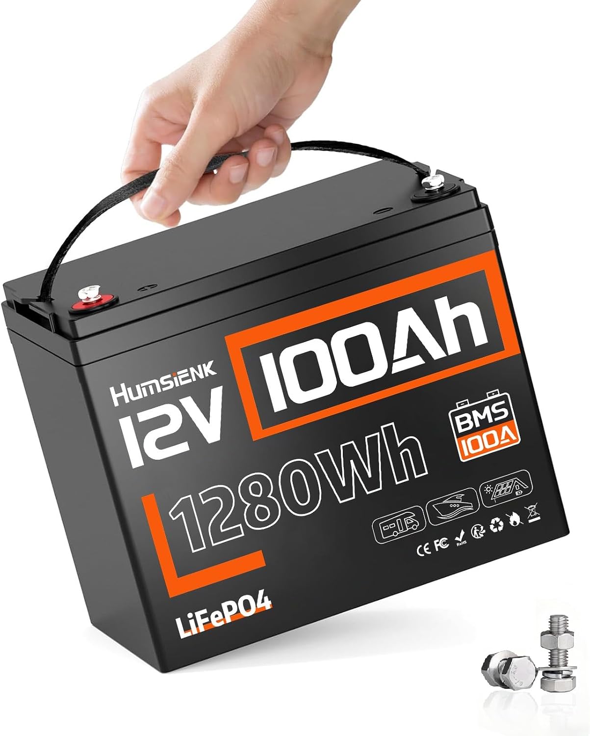 HumsiENK 12V 100Ah LiFePO4 Battery Lithium Deep Cycle, Group 24, IP67, Built-in 100A BMS, 1280Wh Energy, 15000+ Cycles for RV Solar Off-Grid Marine Trolling Motor, Portable Power for Camping