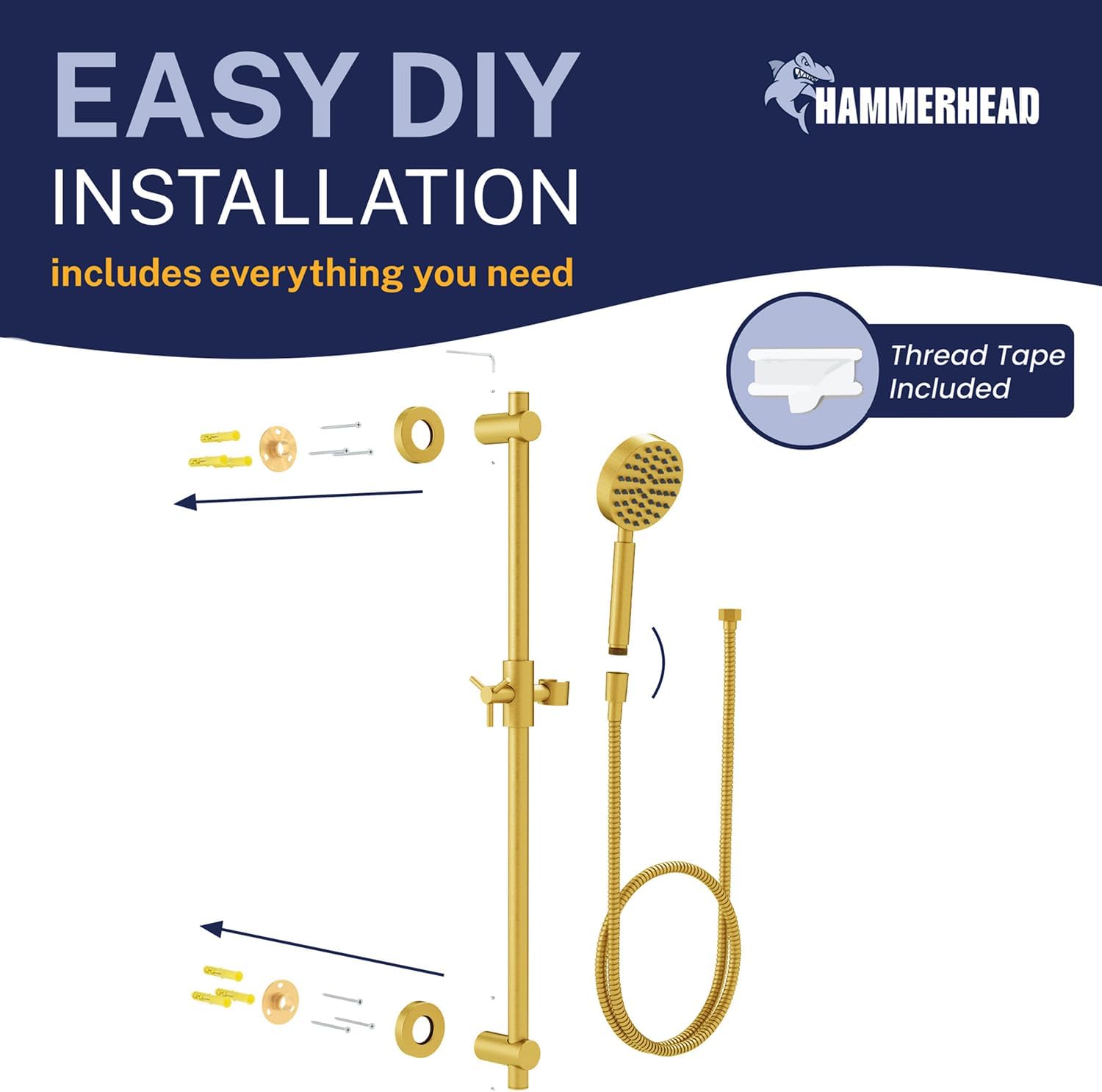 HammerHead Showers® Solid Metal 27.5 Inch Shower Slide Bar Set and Handheld Shower Head with Hose — BRUSHED GOLD — 1.75 GPM Low Flow Spray Wand — Easily Adjust Height & Angle of Handshower