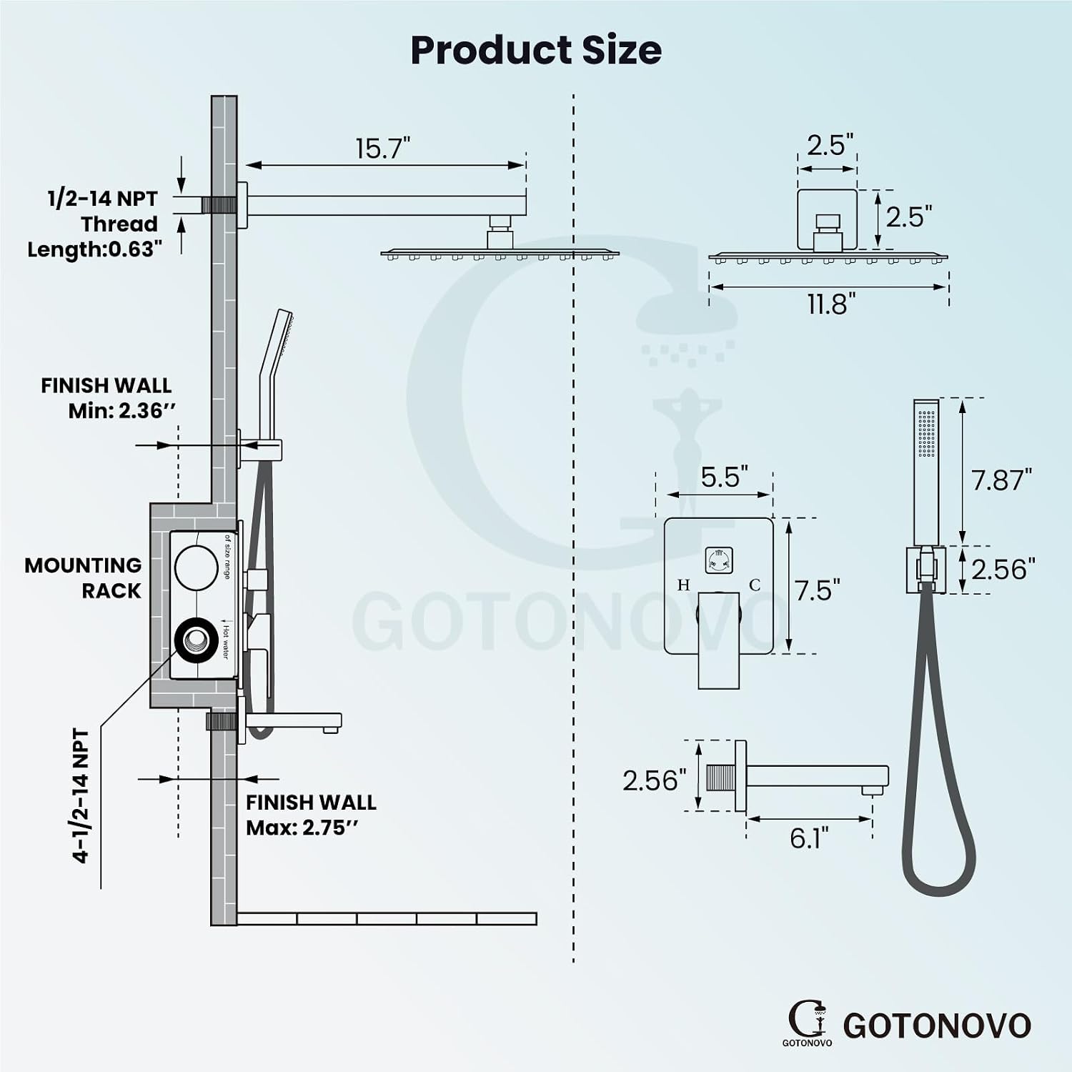 gotonovo Shower System with Tub Spout Wall Mounted Rain Shower Head and Handle Combo Shower Faucet Set with Valve, 12 Inch, Brushed Gold
