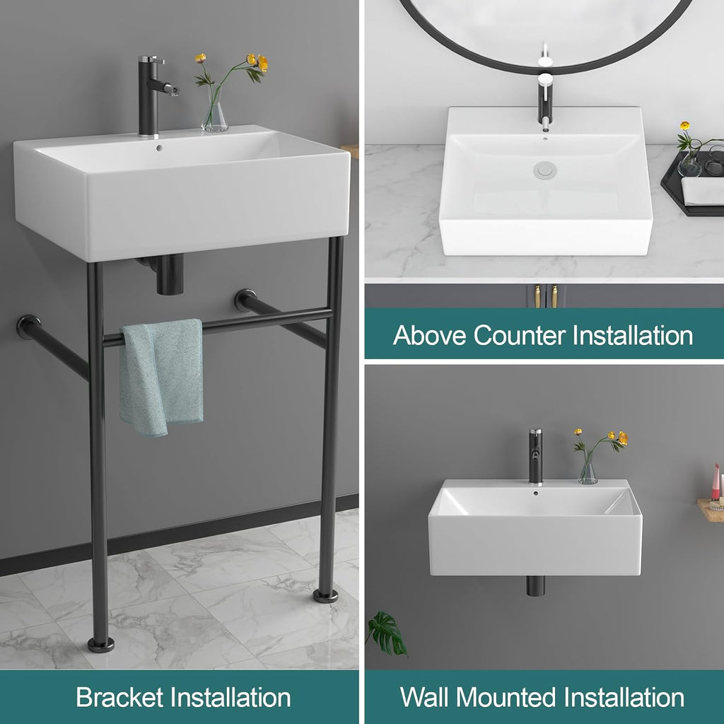 24''x16'' Modern Console Bathroom Sink with Black Stainless Steel Pedestal Legs, Freestanding & Wall Mount Vessel Vanity Basin, Rectangular Ceramic Sink for Small Space, Matte Black