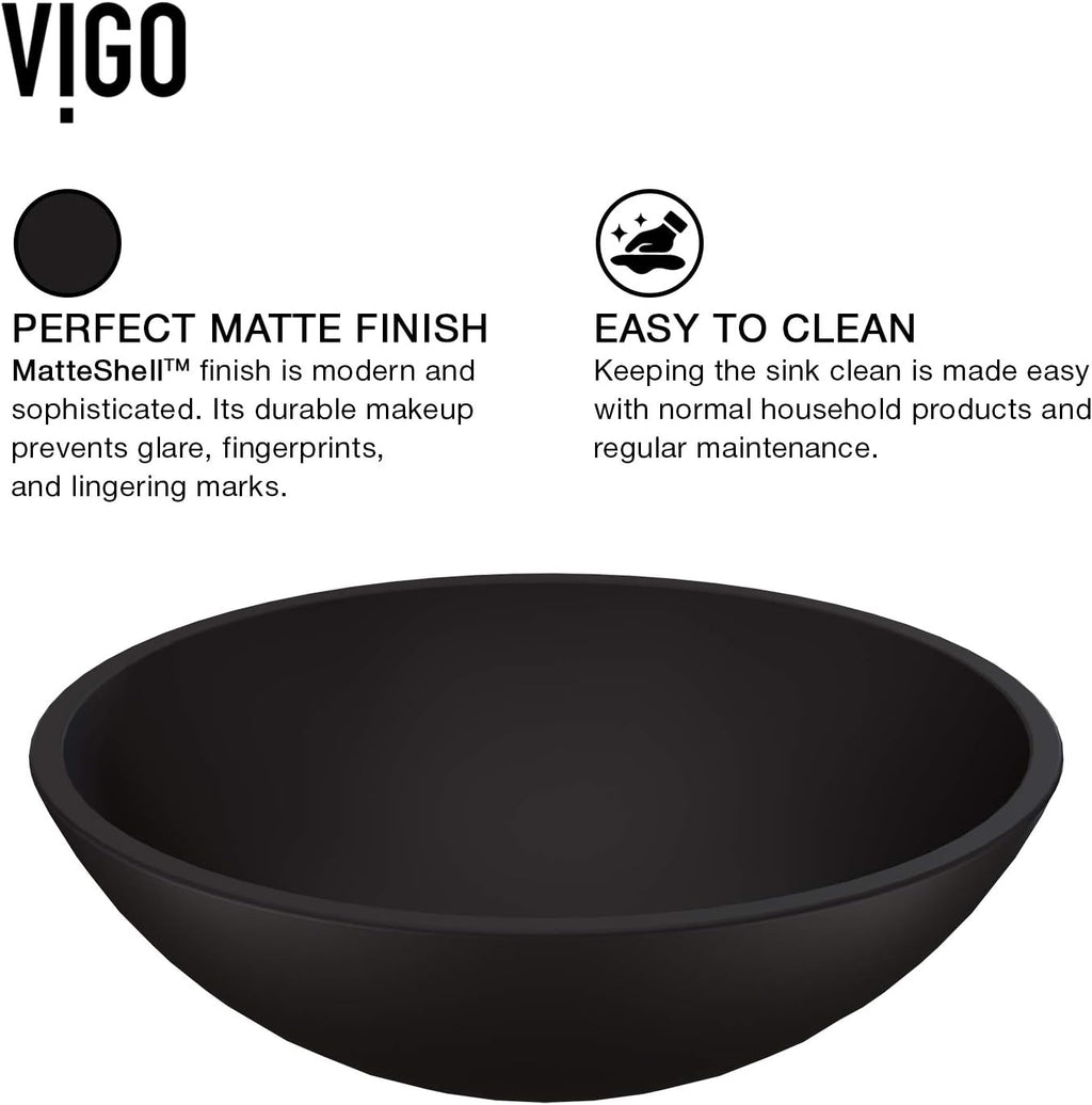 Vigo Vessel Sink Matte Black - 17' Artistic Round Bowl Sink for Bathrooms, Tempered Glass Above Counter Bathroom Sink with NonStickShield, QuickDrain & TempGuard, Modern Luxury Design
