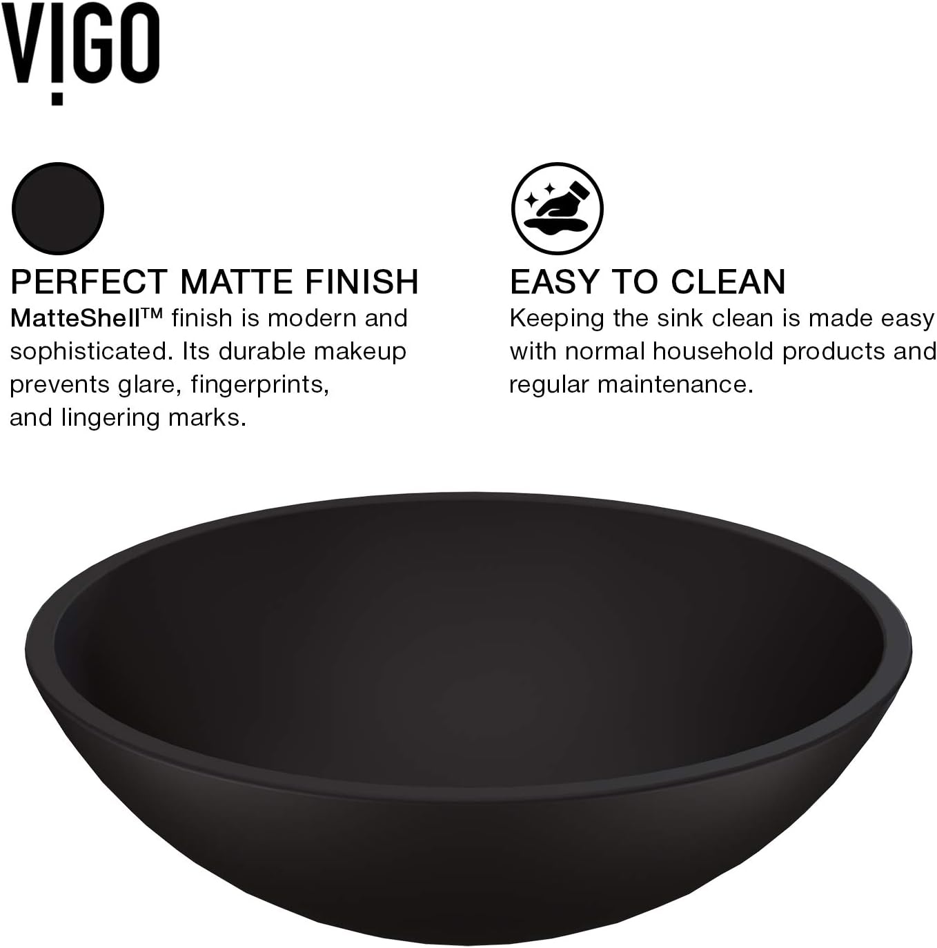 Vigo Vessel Sink Matte Black - 17' Artistic Round Bowl Sink for Bathrooms, Tempered Glass Above Counter Bathroom Sink with NonStickShield, QuickDrain & TempGuard, Modern Luxury Design