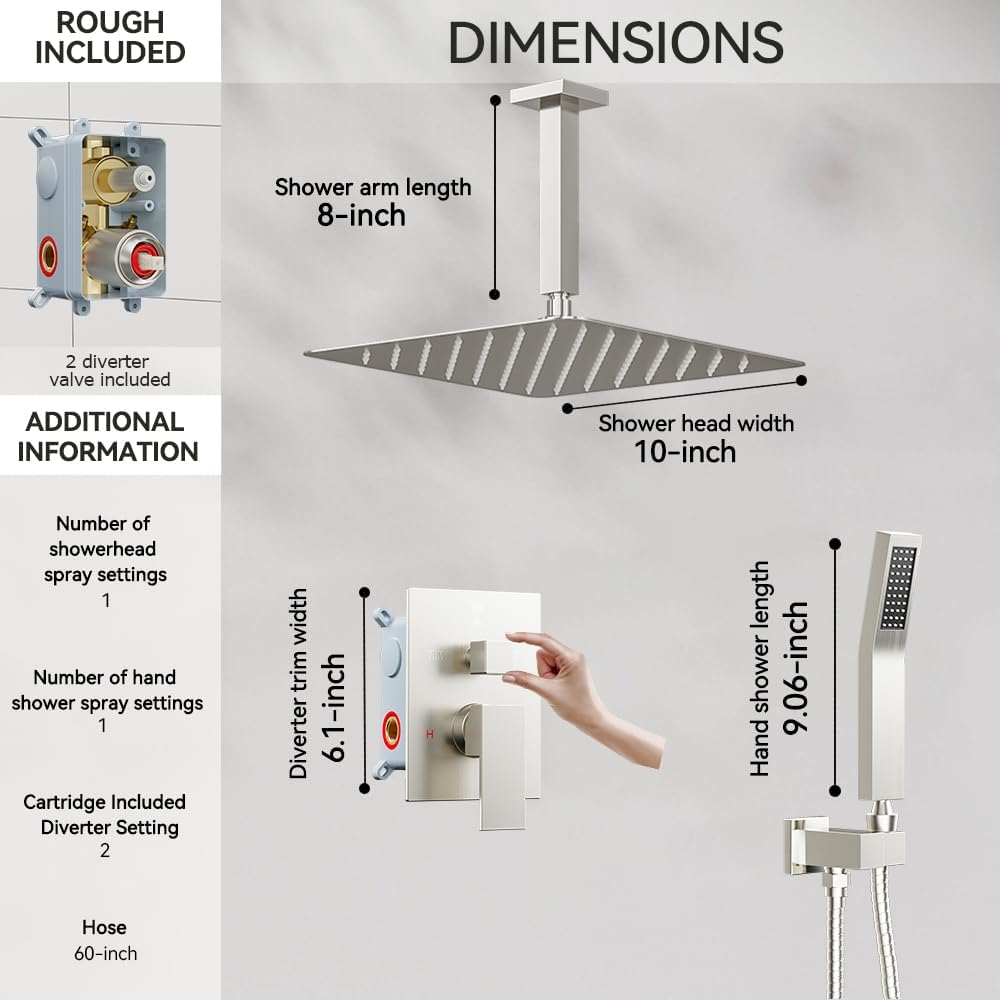 Shower System Shower Faucet Set, STARBATH 10' Ceiling Mount Rain Shower Head and Handheld Spray for Two Person, Rainfall Shower System with Diverter Valve and Trim Kit Complete,Brushed Nickel