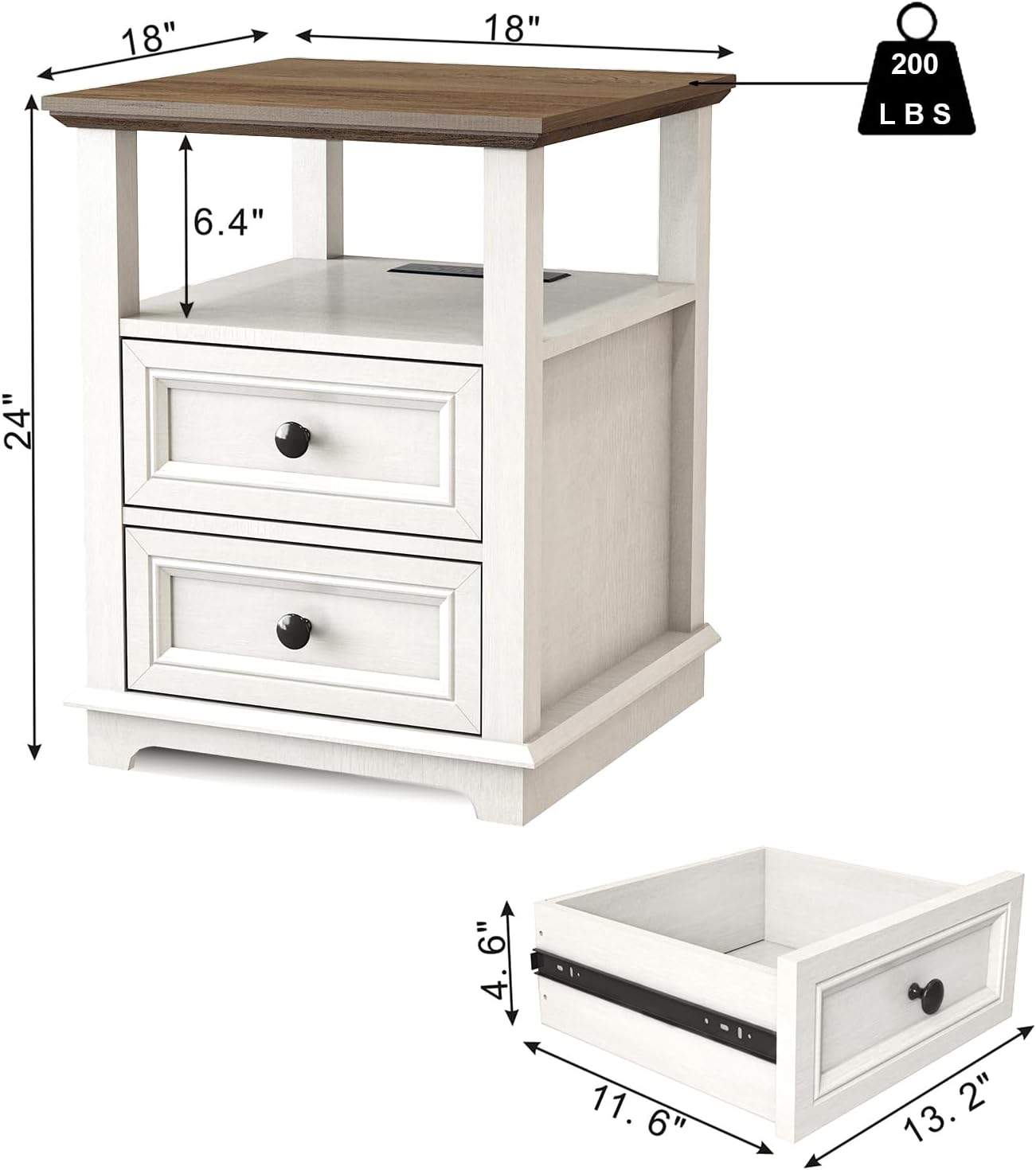 REDAYFUR 18' Wide End Table with Fast Charging Station Set of 2, 18' Wide Sofa End Table with Drawers,Storage Rustic Wood Storage Cabinet,Sofa Table for Living Room,White