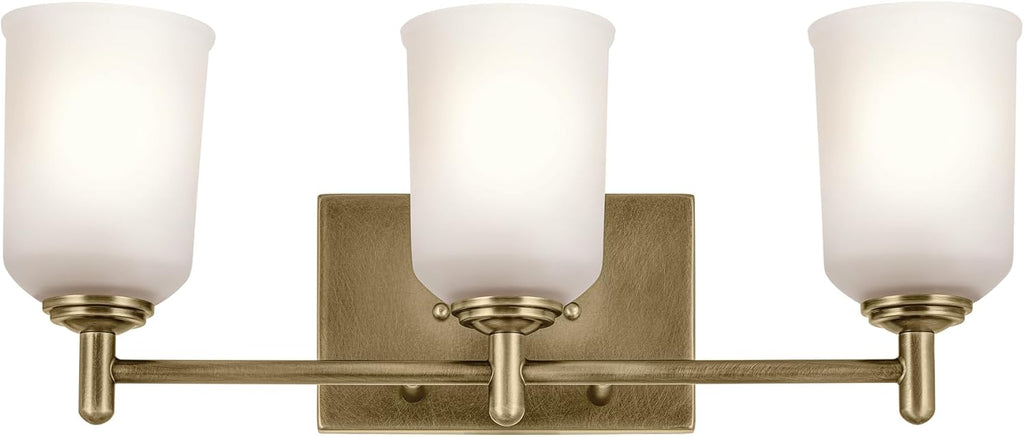 KICHLER Shailene 21' 3-Light Vanity Light with Clear Satin Etched Glass in Natural Brass for Over a Vanity, Updated Traditional Style, (21' x 8.25'), 45574NBR