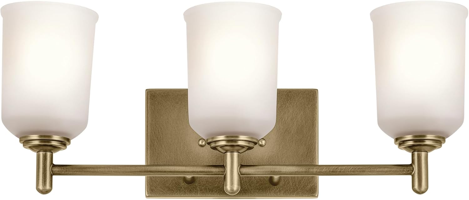 KICHLER Shailene 21' 3-Light Vanity Light with Clear Satin Etched Glass in Natural Brass for Over a Vanity, Updated Traditional Style, (21' x 8.25'), 45574NBR