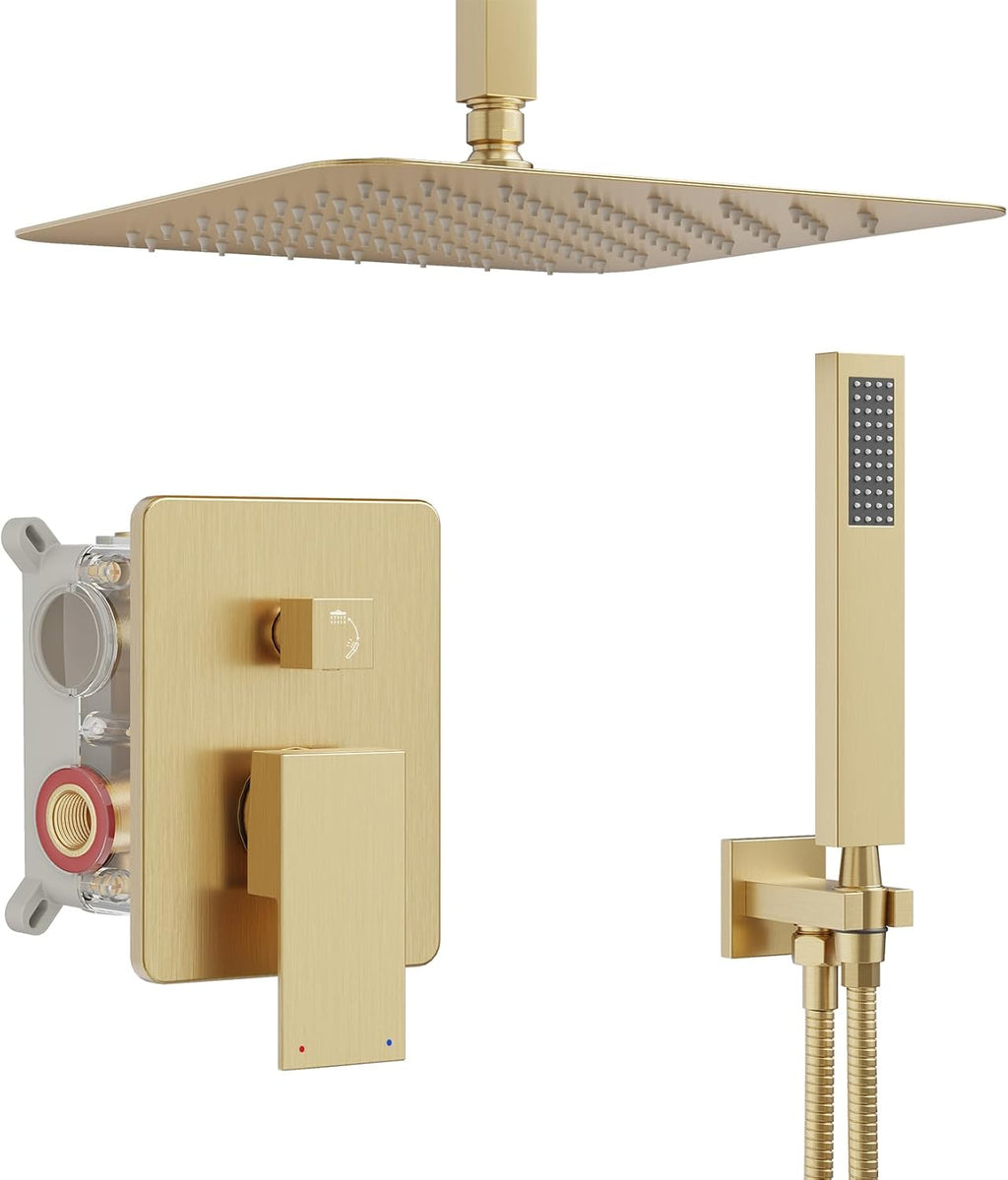 Ceiling Mount Shower System, Gold Shower Faucet Set with 12-Inch Rain Showerhead and Handheld Spray Combo, High-Pressure Showerheads Set with Valve and Trim Kit, Brushed Gold