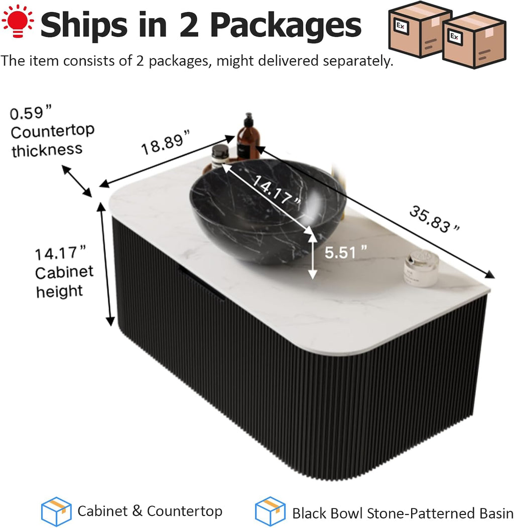 36' Floating Modern Bathroom Vanity with Sink, Natural Solid Wood Bathroom Vanities with Ultra-Thin Marble Ceramic Basin and Top, Soft-Close Design, Pre-Assembled Cabinet, Gloss Black