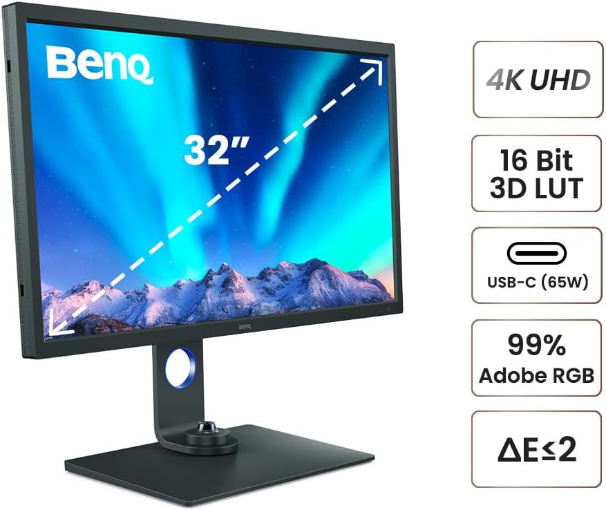 BenQ SW321C Photo Video Editing Monitor 32' 4K UHD | 99% AdobeRGB,100% sRGB,95% P3 | IPS | Hardware Calibrated | 16 bit 3D LUT | DeltaE ≤2 | Uniformity | HLG | AQCOLOR | Ergonomic | USB-C(60W), Black