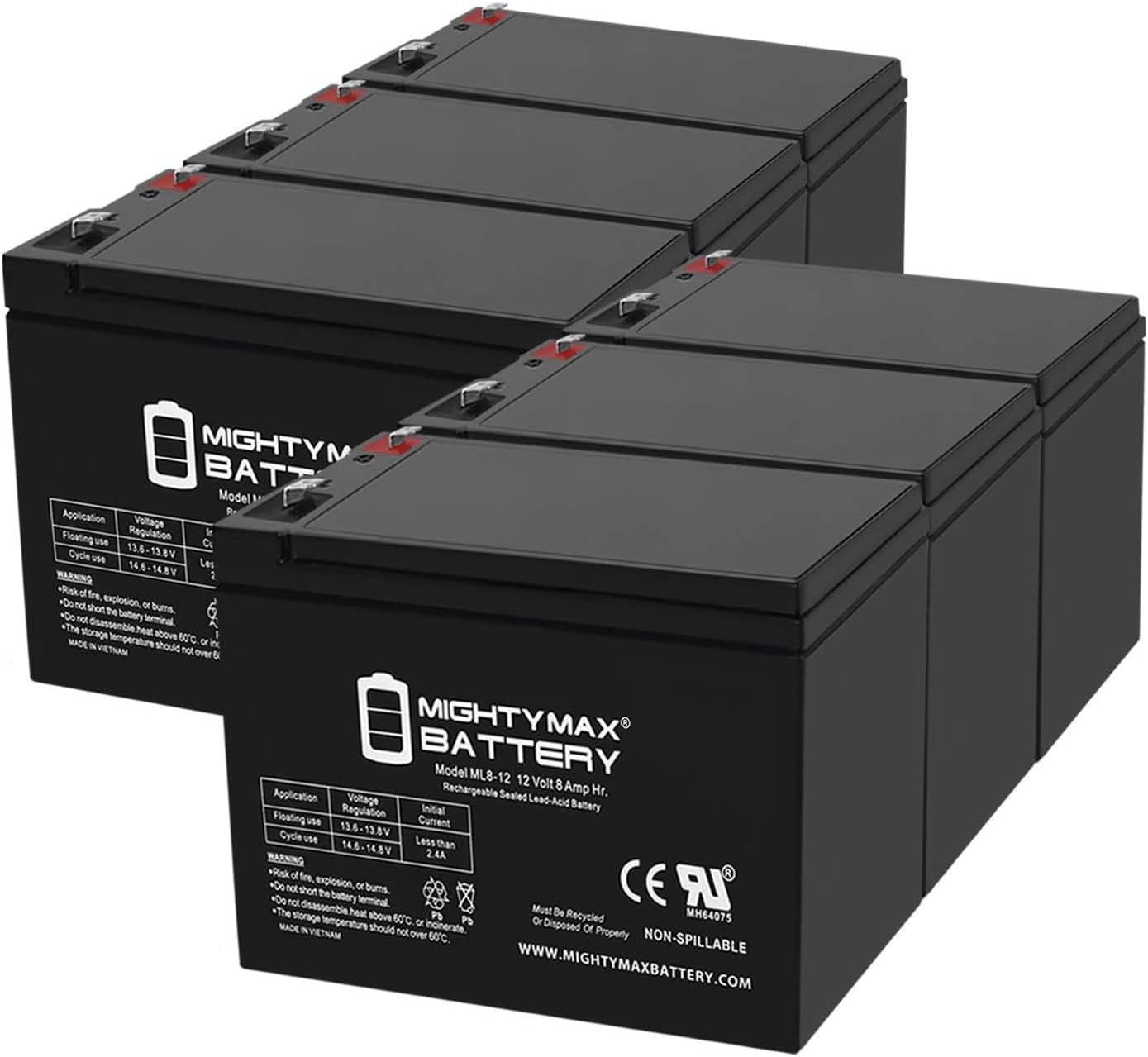 Mighty Max Battery ML8-12 - 12 Volt 8 AH SLA Battery - Pack of 6