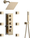 Tempreature Display Shower System Brushed Gold Shower Faucet Set with Wall Mount 8 inch Shower Head and 6 PCS Body Jet, Handheld Spray
