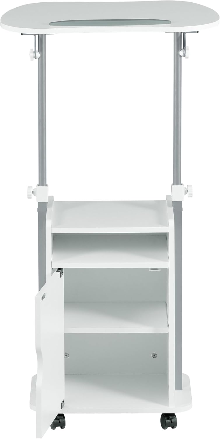 Techni Mobili Adjustable Laptop Cart with Storage, Rolling Mobile Workstation Desk with Cabinet, Shelf & Locking Wheels. Height Adjustable Sit to Stand for Home Office, Bedside, or Classroom (White)