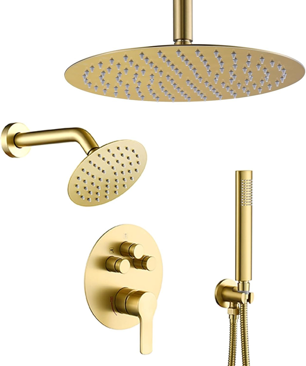 Brushed Gold Shower Faucet Set, Gold Shower System with Rain Shower and Handheld Bathroom Ceiling 12 Inch Shower Set with Brass Valve