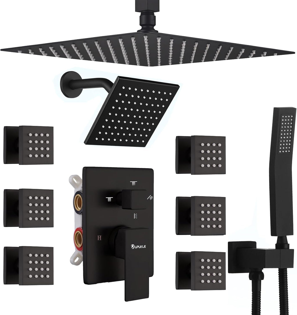 Shower System Matte Black Dual Shower Head with Body Jets, Oupukle Four Modes Shower Faucet Set Ceiling Mount 12' Rain Shower Head & 6' Wall Mounted Head with 6PCS Body Jets