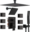 Shower System Matte Black Dual Shower Head with Body Jets, Oupukle Four Modes Shower Faucet Set Ceiling Mount 12' Rain Shower Head & 6' Wall Mounted Head with 6PCS Body Jets