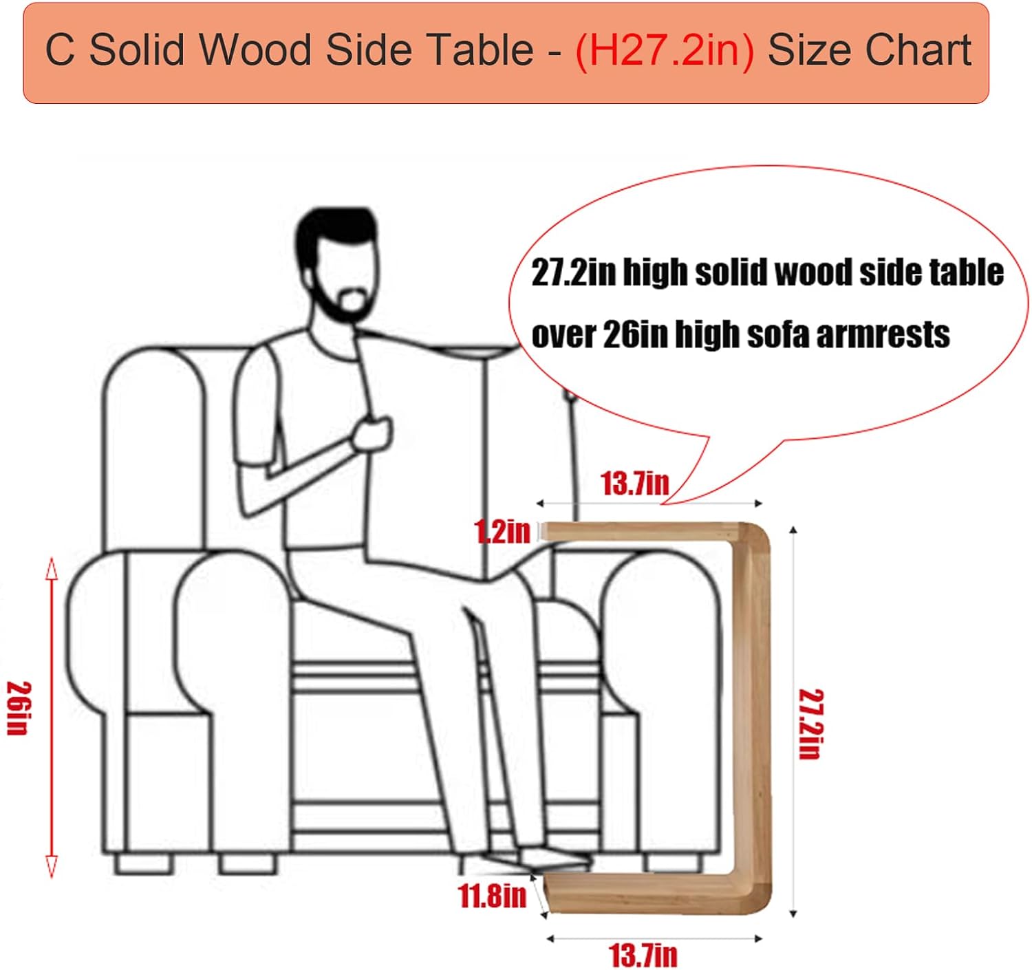 C Shaped End Table, Solid Wood Sofa Side Table for Couch, Bed, and Living Room, Space-Saving Small Snack Table for Bedroom, Office, or Balcony, Wooden Nightstand for Laptop and Narrow Spaces