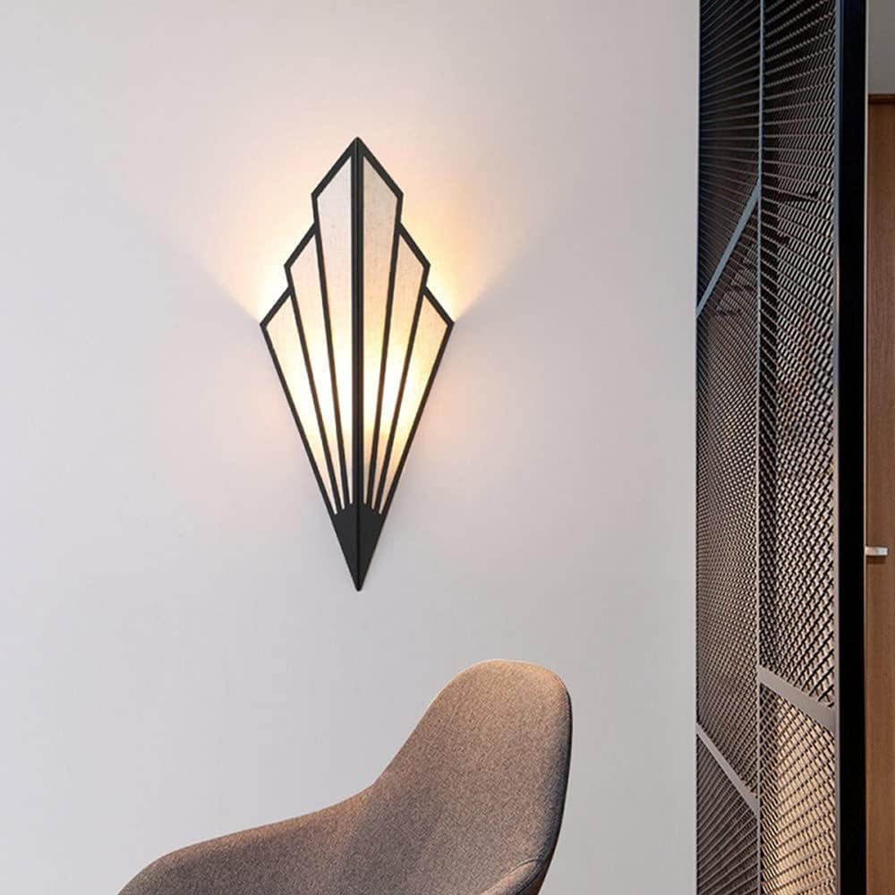 Antique Fan-Shaped Wall Light - Art Deco Wrought Iron Sconce, Linen Lampshade, Unique Triangle Design for Living Room, Bedroom, Aisle - Elegant Wall Lighting Fixture,Black-2 Heads