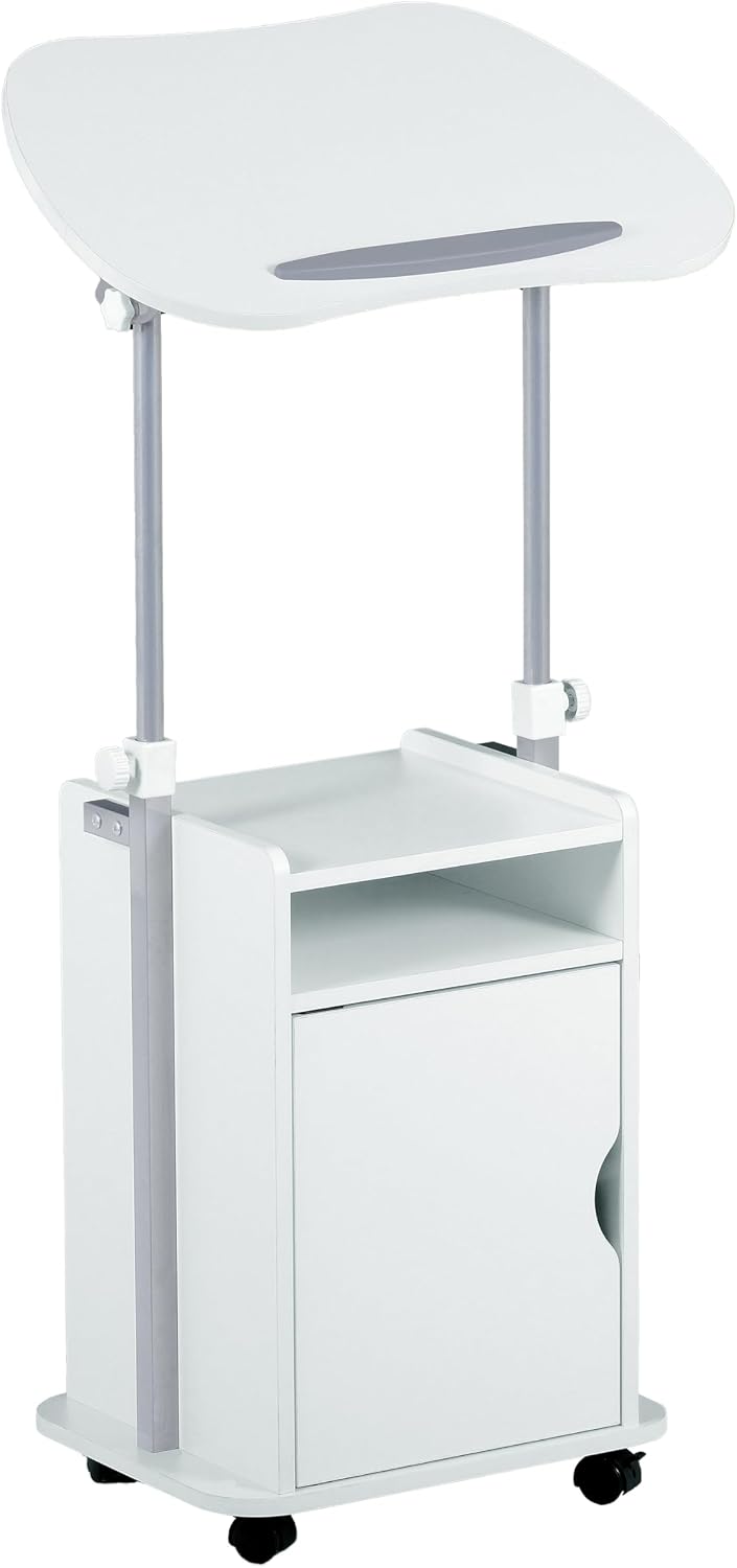 Techni Mobili Adjustable Laptop Cart with Storage, Rolling Mobile Workstation Desk with Cabinet, Shelf & Locking Wheels. Height Adjustable Sit to Stand for Home Office, Bedside, or Classroom (White)