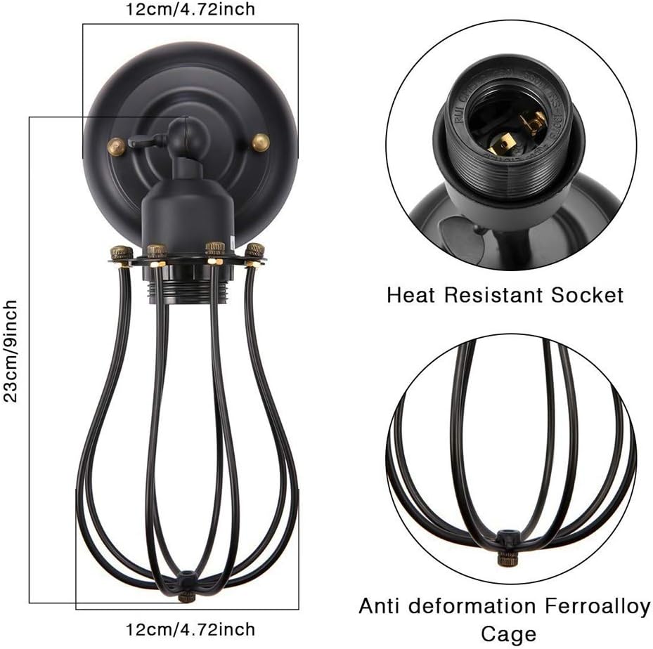 Adjustable Cage Wall Sconce, 3-Pack Vintage Industrial Wire Cage Lampshade Antique Minimalist Mini Iron Wrought Wall Light Fixture for Bar Club Loft - Black